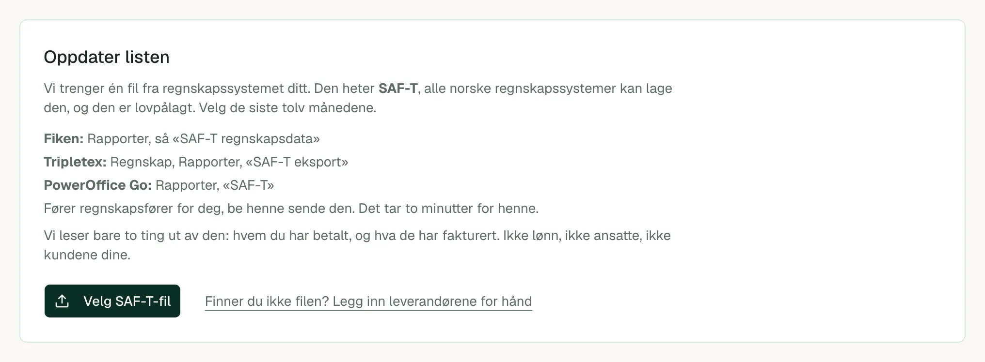 Skjermbilde fra demokonto: feltet der SAF-T-fila fra regnskapssystemet lastes opp